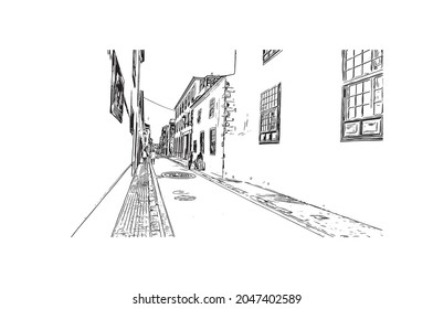 Building view with landmark of  La Laguna is the 
city in Spain. Hand drawn sketch illustration in vector.