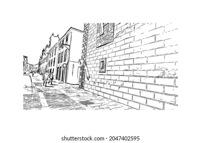Building view with landmark of  La Laguna is the 
city in Spain. Hand drawn sketch illustration in vector.