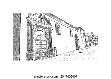 Building view with landmark of  La Laguna is the 
city in Spain. Hand drawn sketch illustration in vector.