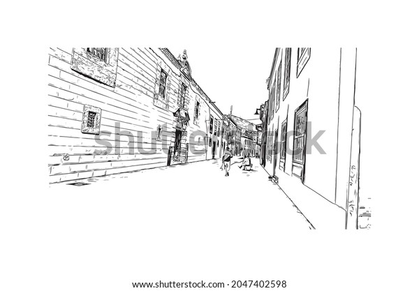 Building view with
landmark of  La Laguna is the 
city in Spain. Hand drawn sketch
illustration in
vector.