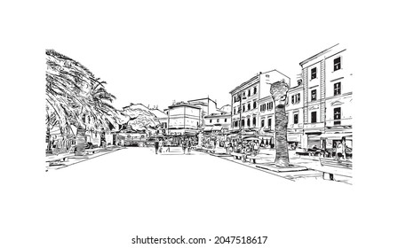 Building view with landmark of La Maddalena is the 
commune in Italy. Hand drawn sketch illustration in vector.