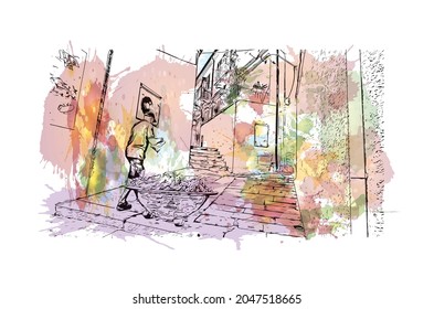 Building view with landmark of La Maddalena is the 
commune in Italy. Watercolor splash with hand drawn sketch illustration in vector.