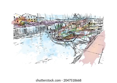 Building view with landmark of La Maddalena is the 
commune in Italy. Watercolor splash with hand drawn sketch illustration in vector.