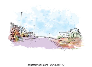 Building view with landmark of La Manga del is a seaside in Spain. Watercolor splash with hand drawn sketch illustration in vector.