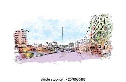 Building view with landmark of La Manga del is a seaside in Spain. Watercolor splash with hand drawn sketch illustration in vector.