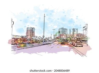 Building view with landmark of La Manga del is a seaside spit in Spain. Watercolor splash with hand drawn sketch illustration in vector.