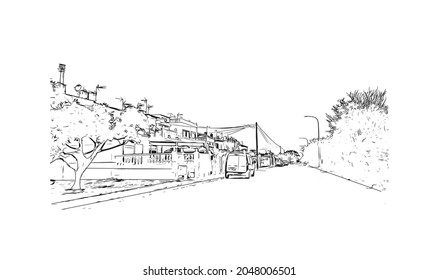 Building view with landmark of La Manga del is a seaside spit in Spain. Hand drawn sketch illustration in vector.