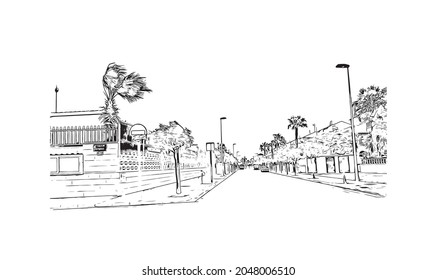 Building view with landmark of La Manga del is a seaside spit in Spain. Hand drawn sketch illustration in vector.