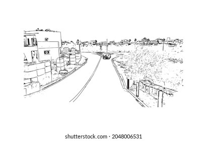 Building view with landmark of La Manga del is a seaside spit in Spain. Hand drawn sketch illustration in vector.