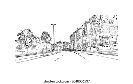 Building view with landmark of La Manga del is a seaside spit in Spain. Hand drawn sketch illustration in vector.