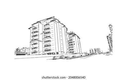 Building view with landmark of La Manga del is a seaside spit in Spain. Hand drawn sketch illustration in vector.