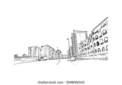 Building view with landmark of La Manga del is a seaside spit in Spain. Hand drawn sketch illustration in vector.