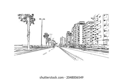 Building view with landmark of La Manga del is a seaside spit in Spain. Hand drawn sketch illustration in vector.