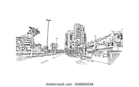 Building view with landmark of La Manga del is a seaside spit in Spain. Hand drawn sketch illustration in vector.