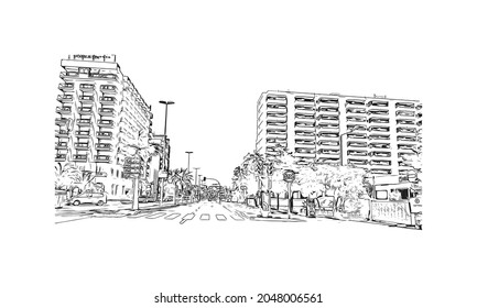 Building view with landmark of La Manga del is a seaside spit in Spain. Hand drawn sketch illustration in vector.