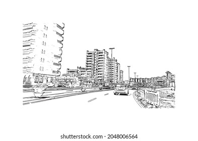 Building view with landmark of La Manga del is a seaside spit in Spain. Hand drawn sketch illustration in vector.