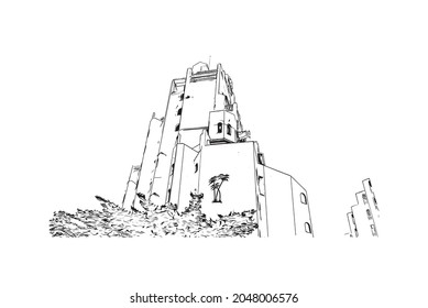 Building view with landmark of La Manga del is a seaside spit in Spain. Hand drawn sketch illustration in vector.