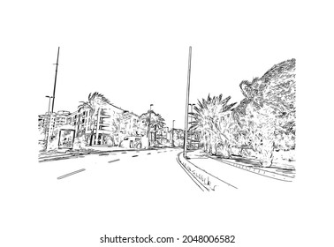 Building view with landmark of La Manga del is a seaside spit in Spain. Hand drawn sketch illustration in vector.