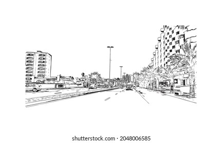 Building view with landmark of La Manga del is a seaside spit in Spain. Hand drawn sketch illustration in vector.