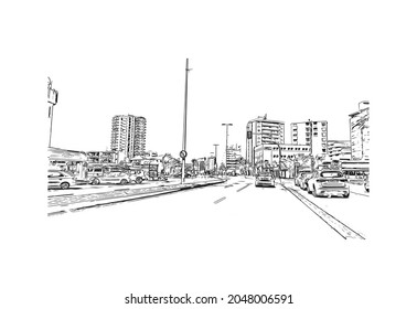 Building view with landmark of La Manga del is a seaside spit in Spain. Hand drawn sketch illustration in vector.