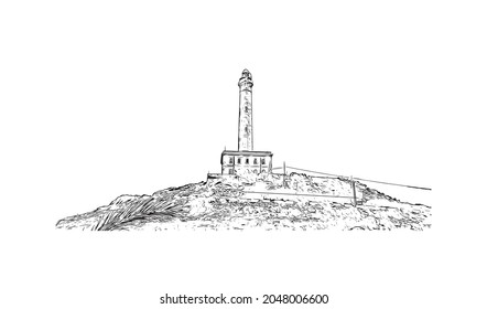 Building view with landmark of La Manga del is a seaside spit in Spain. Hand drawn sketch illustration in vector.