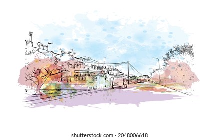 Building view with landmark of La Manga del is a seaside in Spain. Watercolor splash with hand drawn sketch illustration in vector.