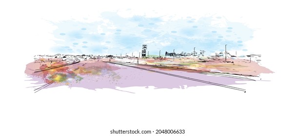 Building view with landmark of La Manga del is a seaside in Spain. Watercolor splash with hand drawn sketch illustration in vector.