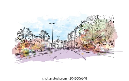 Building view with landmark of La Manga del is a seaside in Spain. Watercolor splash with hand drawn sketch illustration in vector.