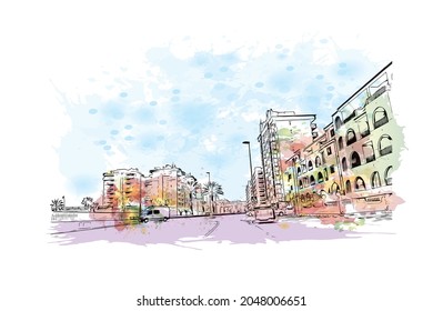 Building view with landmark of La Manga del is a seaside in Spain. Watercolor splash with hand drawn sketch illustration in vector.