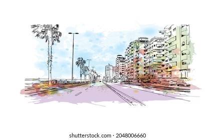 Building view with landmark of La Manga del is a seaside in Spain. Watercolor splash with hand drawn sketch illustration in vector.