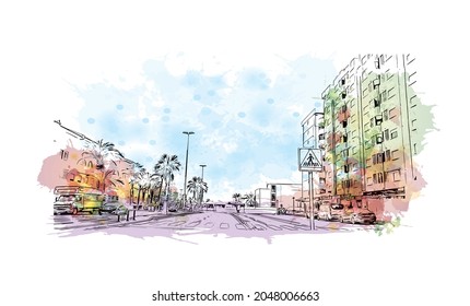 Building view with landmark of La Manga del is a seaside in Spain. Watercolor splash with hand drawn sketch illustration in vector.