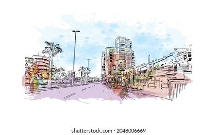 Building view with landmark of La Manga del is a seaside in Spain. Watercolor splash with hand drawn sketch illustration in vector.