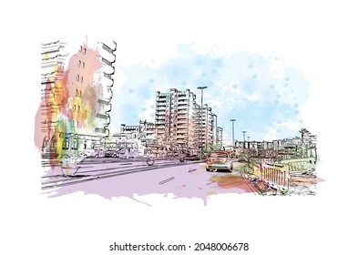 Building view with landmark of La Manga del is a seaside in Spain. Watercolor splash with hand drawn sketch illustration in vector.