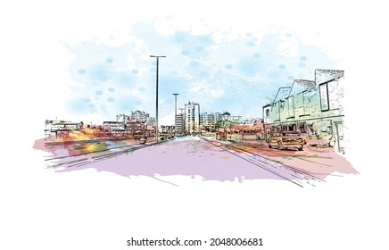 Building view with landmark of La Manga del is a seaside in Spain. Watercolor splash with hand drawn sketch illustration in vector.