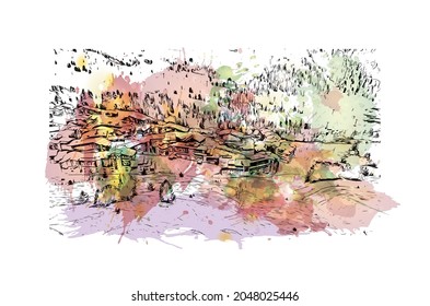 Building view with landmark of La Plagne is a commune in  southeastern France. Watercolor splash with hand drawn sketch illustration in vector.