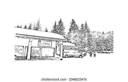 Building view with landmark of La Plagne is a commune in  southeastern France. Hand drawn sketch illustration in vector.