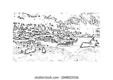 Building view with landmark of La Plagne is a commune in  southeastern France. Hand drawn sketch illustration in vector.