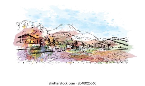 Building view with landmark of La Plagne is a commune in  southeastern France. Watercolor splash with hand drawn sketch illustration in vector.