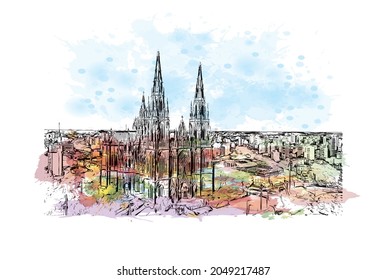 Der Ausblick auf das Gebäude mit Wahrzeichen La Plata ist der 
Stadt in Argentinien. Aquarellspritzer mit handgezeichneter Skizzengrafik in Vektorgrafik.