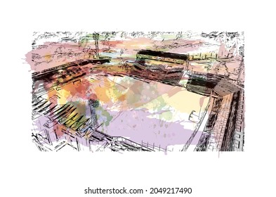 Building view with landmark of La Plata is the 
city in Argentina. Watercolor splash with hand drawn sketch illustration in vector.