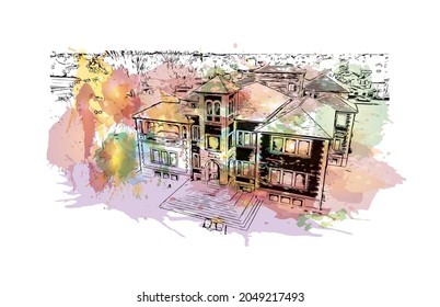 Building view with landmark of La Plata is the 
city in Argentina. Watercolor splash with hand drawn sketch illustration in vector.