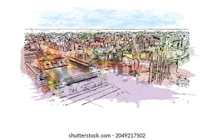 Building view with landmark of La Plata is the 
city in Argentina. Watercolor splash with hand drawn sketch illustration in vector.