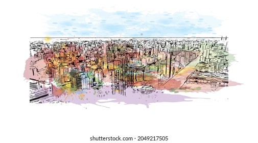 Building view with landmark of La Plata is the 
city in Argentina. Watercolor splash with hand drawn sketch illustration in vector.