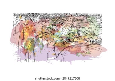 Building view with landmark of La Plata is the 
city in Argentina. Watercolor splash with hand drawn sketch illustration in vector.