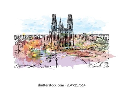 Building view with landmark of La Plata is the 
city in Argentina. Watercolor splash with hand drawn sketch illustration in vector.