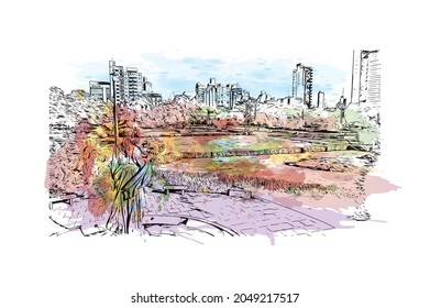 Building view with landmark of La Plata is the 
city in Argentina. Watercolor splash with hand drawn sketch illustration in vector.