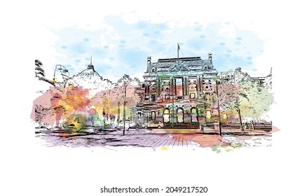 Building view with landmark of La Plata is the 
city in Argentina. Watercolor splash with hand drawn sketch illustration in vector.