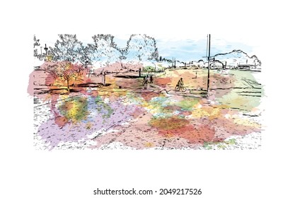 Der Ausblick auf das Gebäude mit Wahrzeichen La Plata ist der 
Stadt in Argentinien. Aquarellspritzer mit handgezeichneter Skizzengrafik in Vektorgrafik.