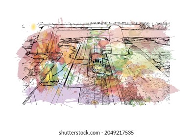 Der Ausblick auf das Gebäude mit Wahrzeichen La Plata ist der 
Stadt in Argentinien. Aquarellspritzer mit handgezeichneter Skizzengrafik in Vektorgrafik.