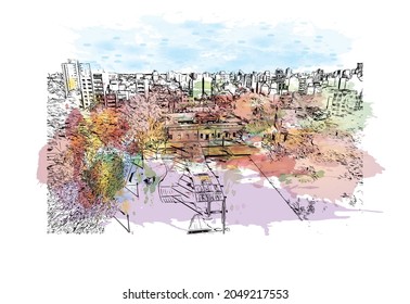 Building view with landmark of La Plata is the 
city in Argentina. Watercolor splash with hand drawn sketch illustration in vector.